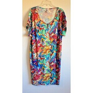 Feel Good Women's Colorful Abstract Shift Dress Keyhole Neck Short Sleeve XL
